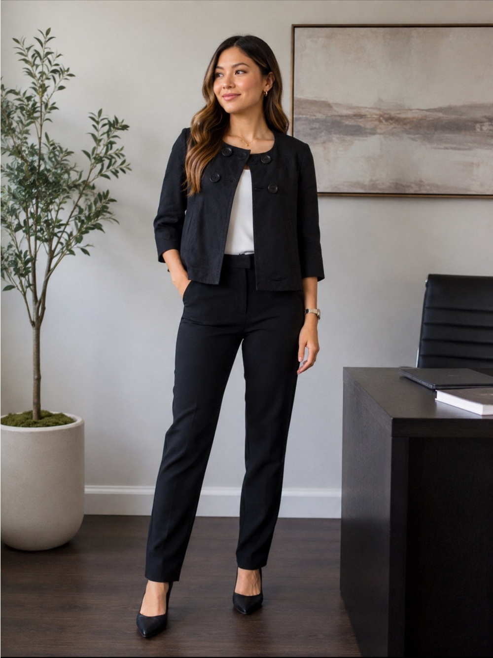 Larry Levine Black Linen Blend Cropped Jacket Blazer Women’s Size Small